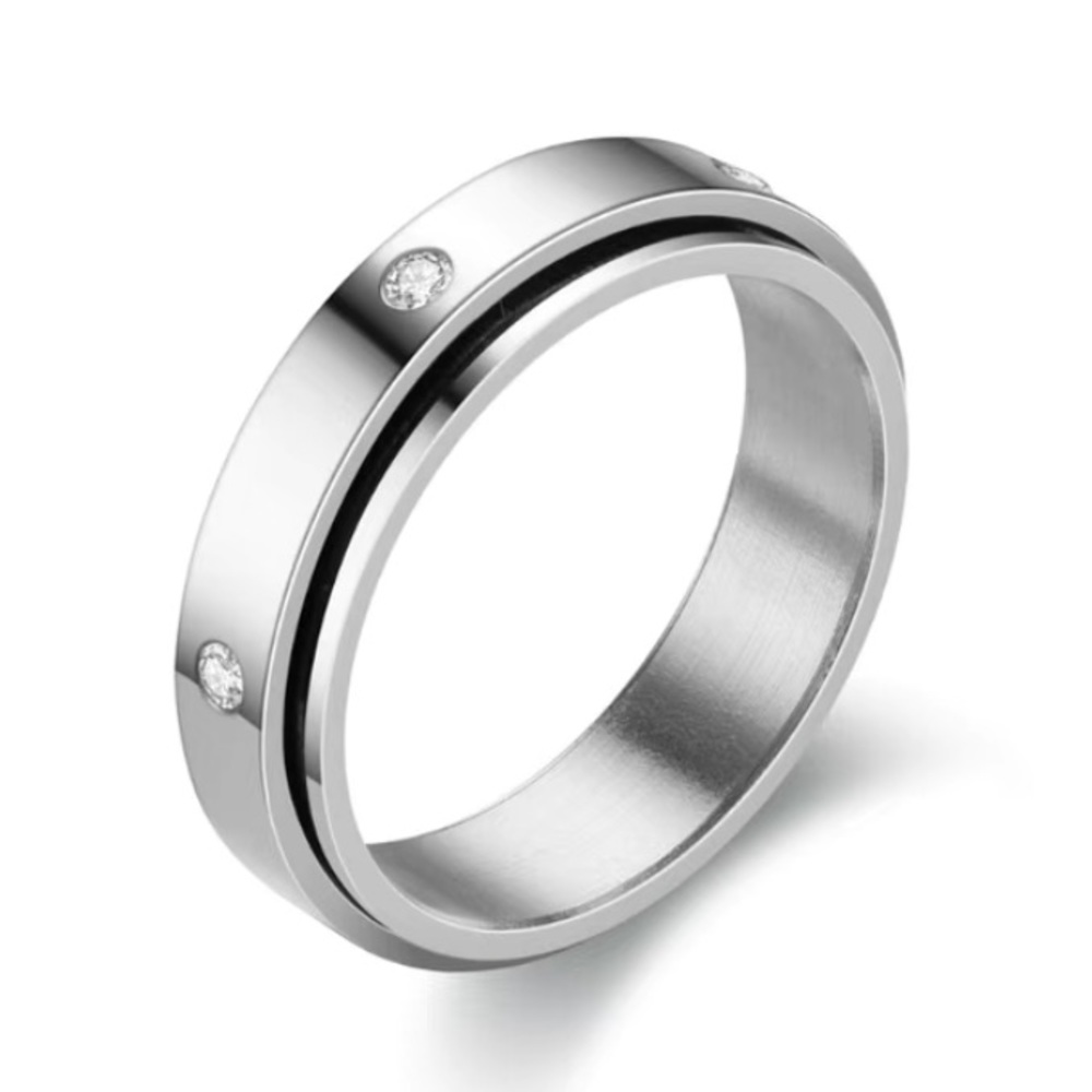 Stainless Steel CZ Spinner Ring Silver Band Fidget Ring Minimalist Crystal Inlay